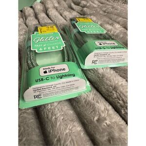 Mint green glitter iphone usb c to lightning fast charge cable x2 nib powertek